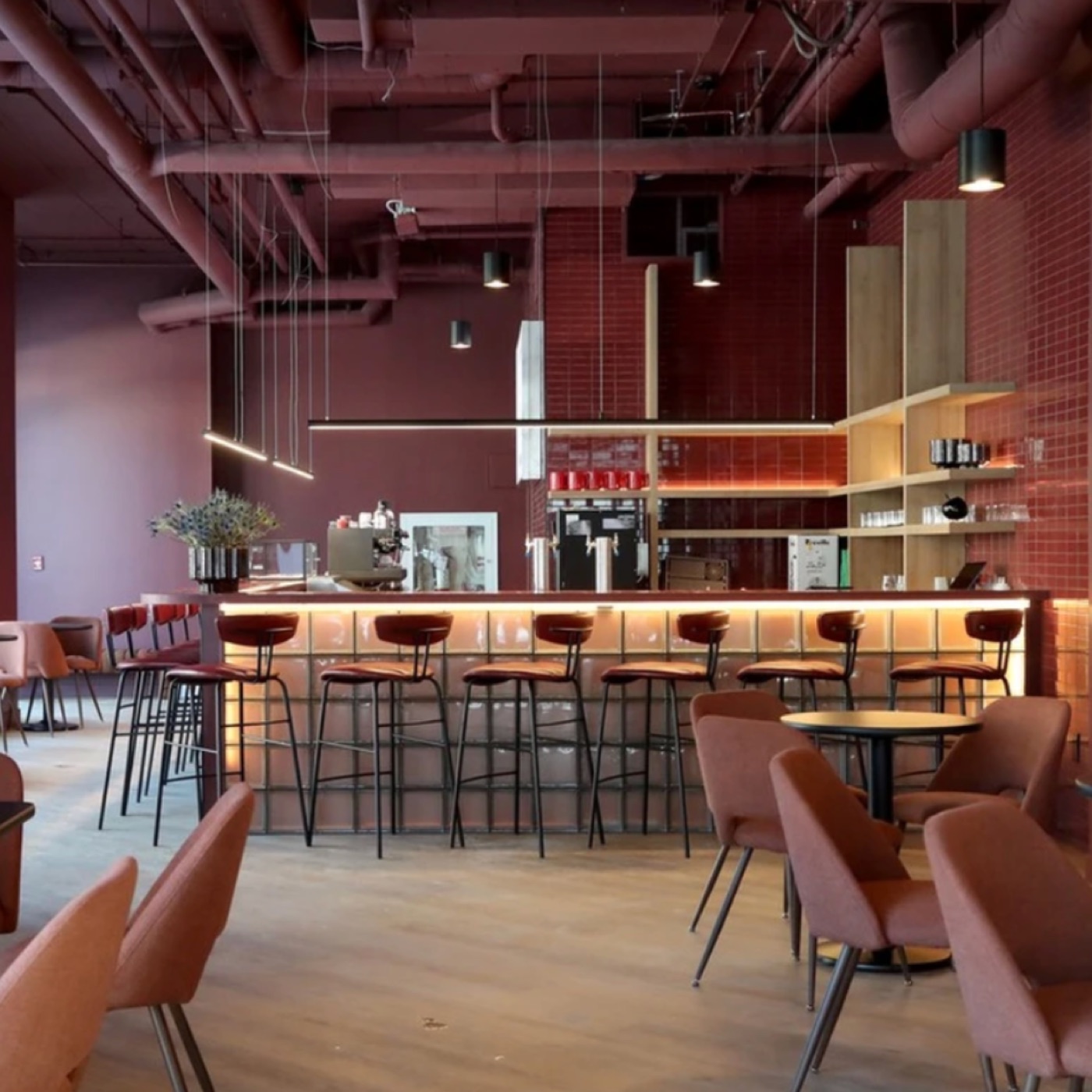 The cafe and bar seating area in daylight.
