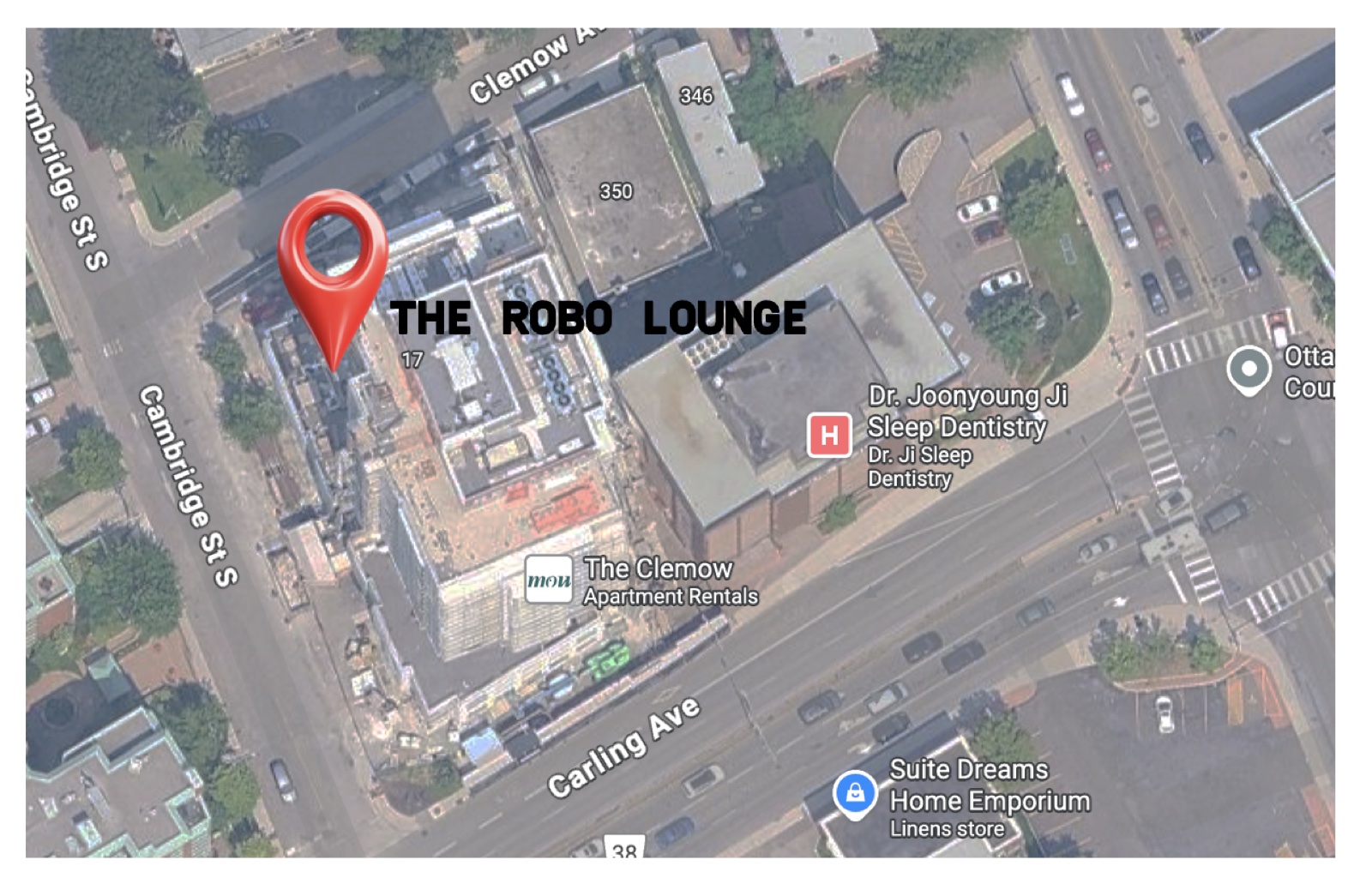Map locating The Robo Lounge inside The Clemow at Cambridge Street South and Clemow Avenue.