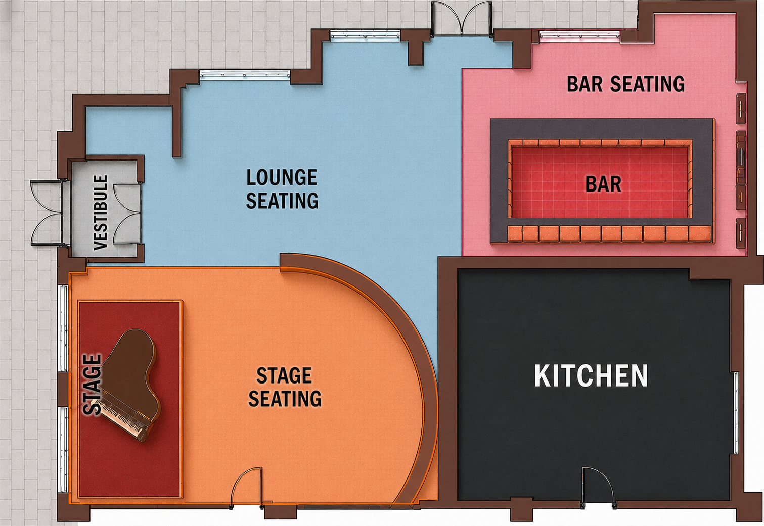 The Robo Lounge floor plan showing the lounge seating zone in blue, stage seating zone in orange, bar seating zone in pink, and the kitchen in black.